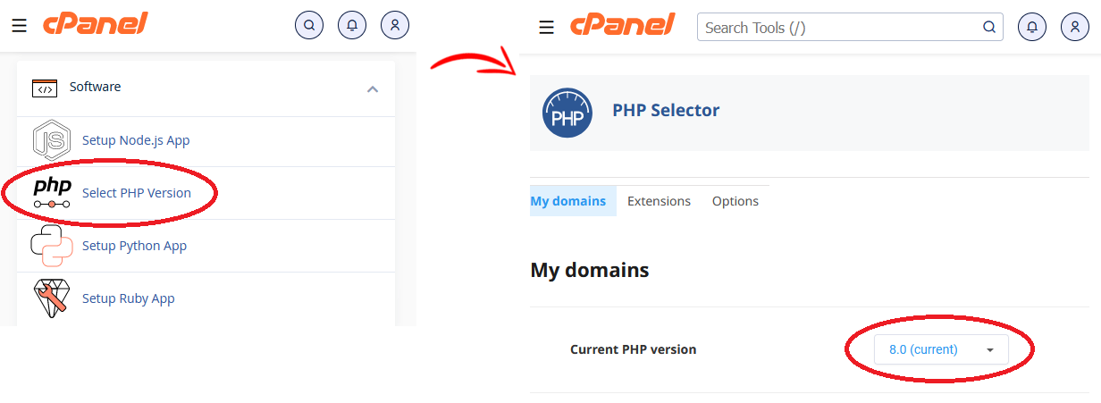 cPanel select PHP version
